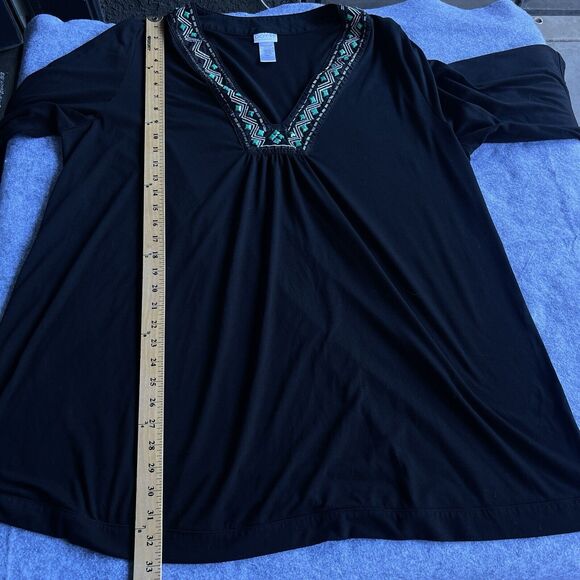 Dotti Blouse Womens Plus Size 1X Black Beaded Deep V 3/4 Sleeve Aztec Boho Tunic - Picture 9 of 10